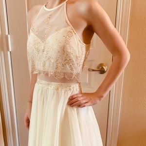 Formal white and gold knee length dress